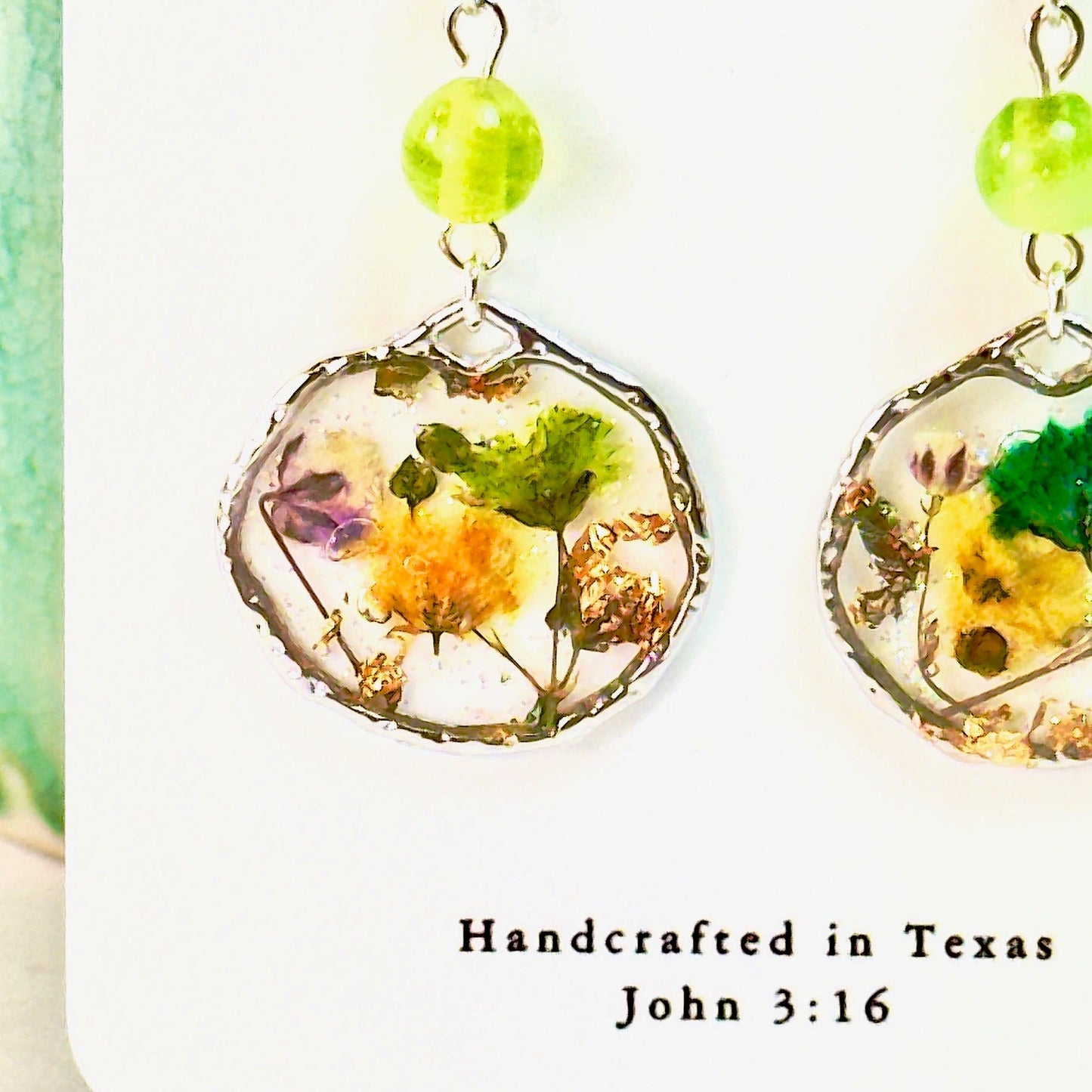 Pressed Flower Earrings Green and Yellow Buds in Silver on white card