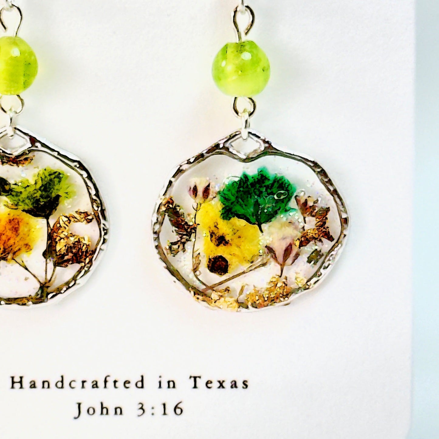 Pressed Flower Earrings Green and Yellow Buds in Silver on white card