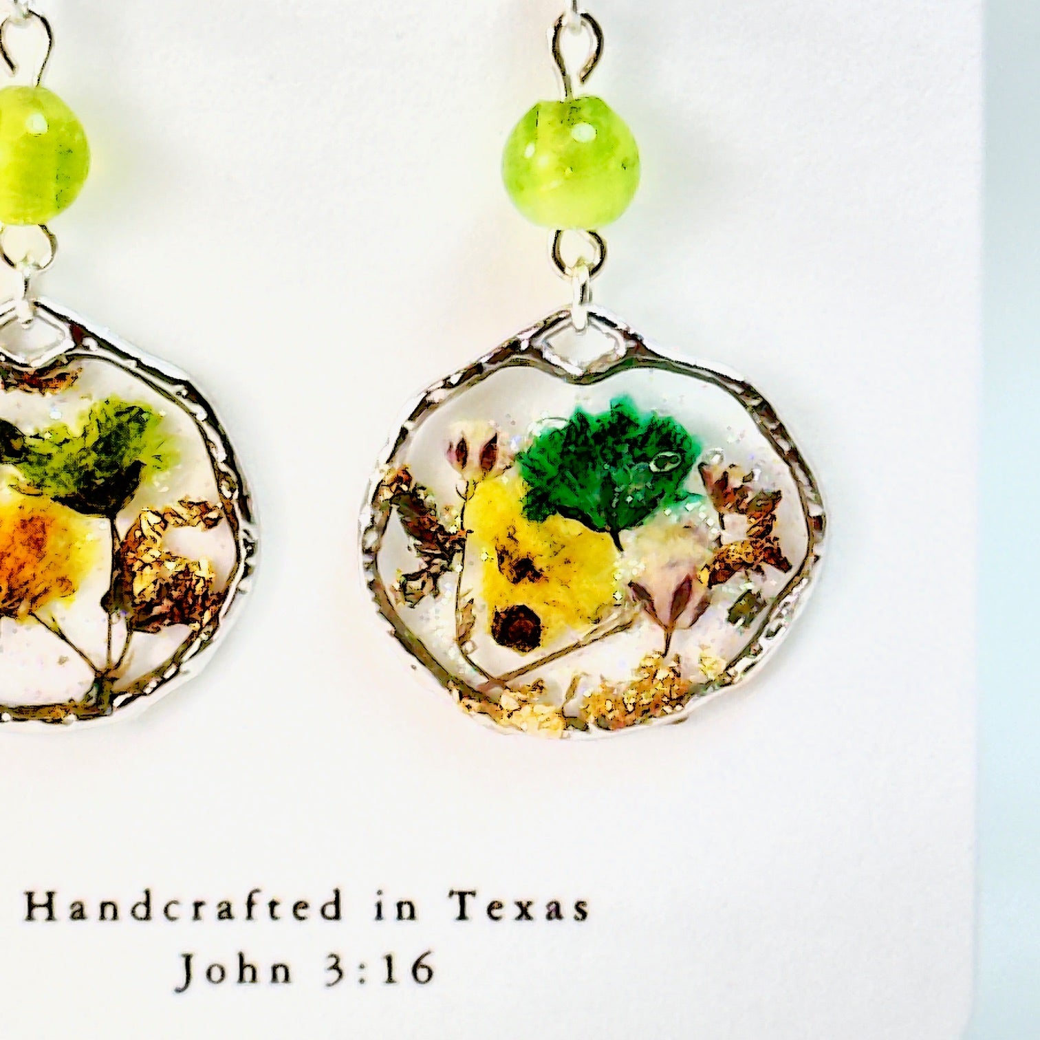 Pressed Flower Earrings Green and Yellow Buds in Silver on white card