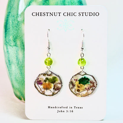 Pressed Flower Earrings Green and Yellow Buds in Silver