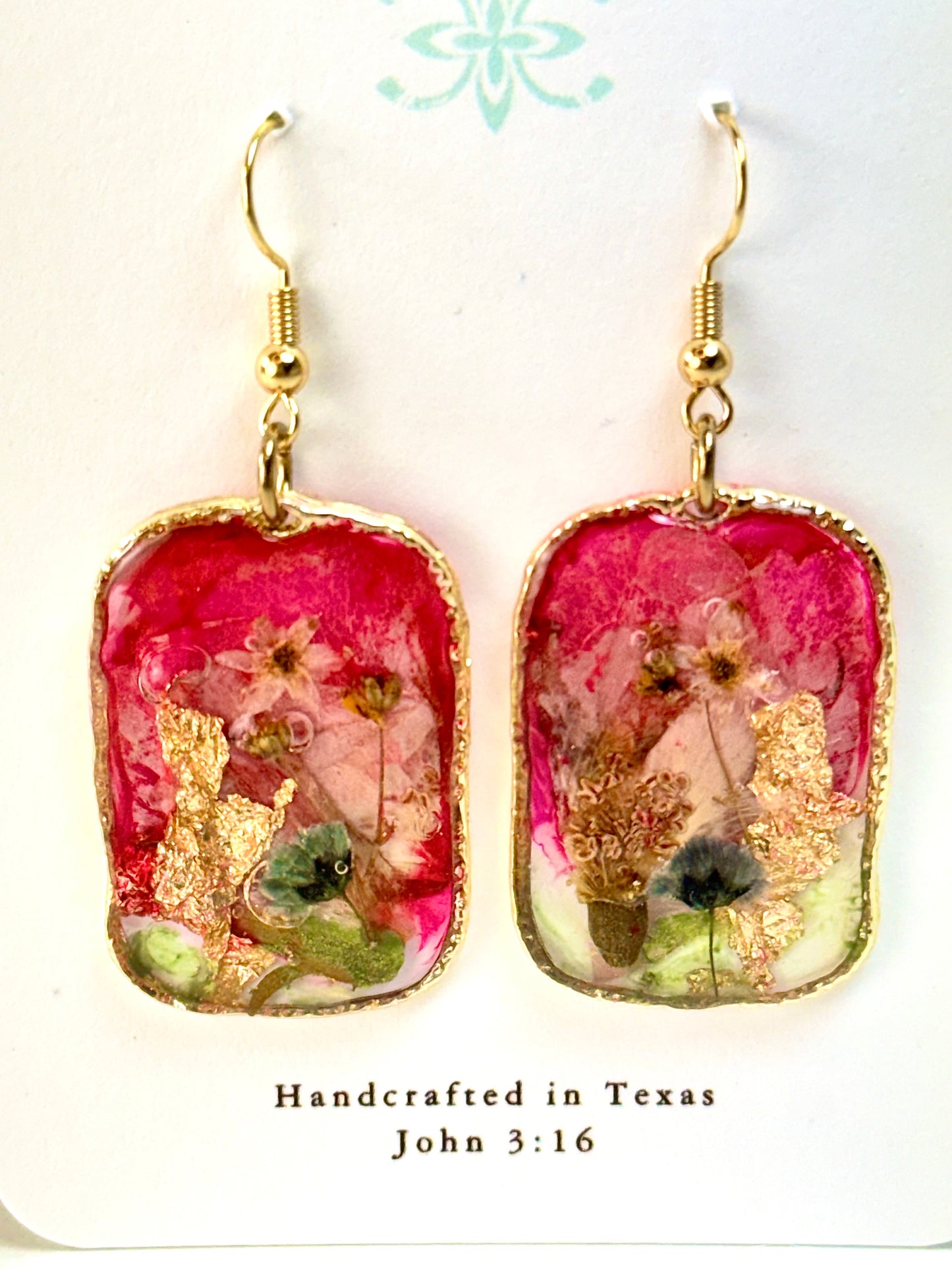 Pressed Flower Earrings Rose Petal and Apple Blossom in Gold on white