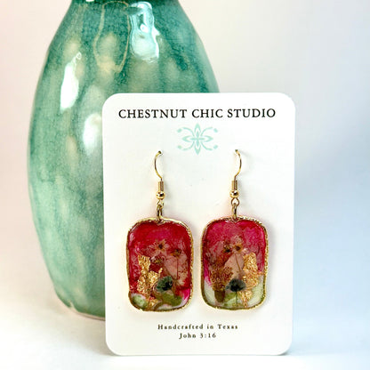 Pressed Flower Earrings Rose Petal and Apple Blossom in Gold on white card