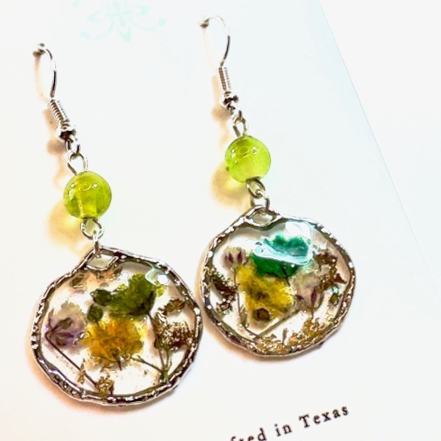 Pressed Flower Earrings Green and Yellow Buds in Silver on white card