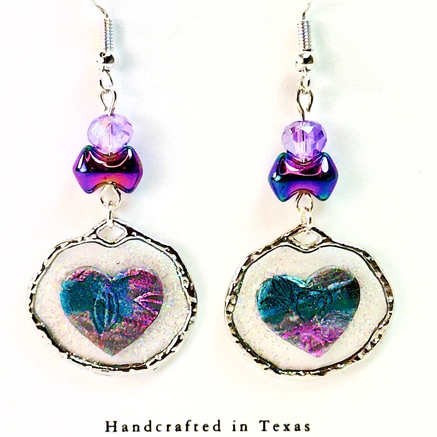 Purple Floating Heart Earrings in Silver on white card chestnut chic studio