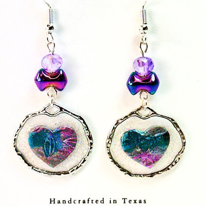 Purple Floating Heart Earrings in Silver on white card chestnut chic studio