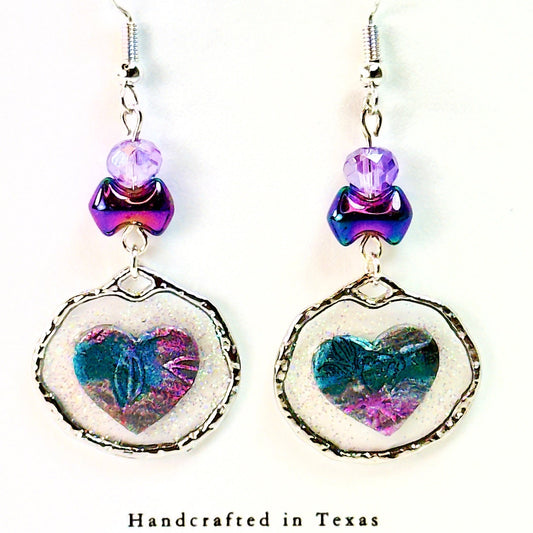 Purple Floating Heart Earrings in Silver on white card chestnut chic studio