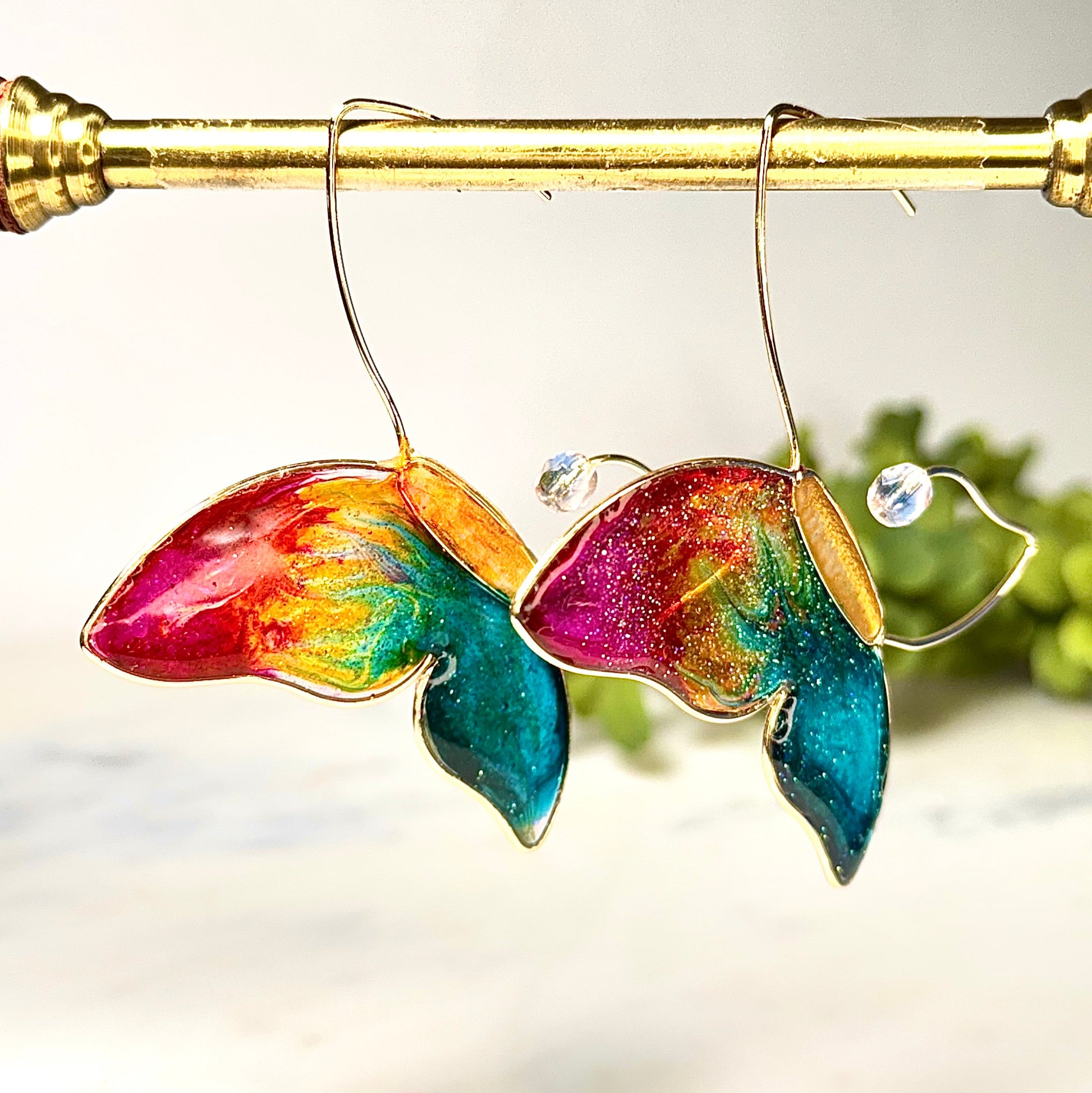 Rainbow Butterfly Wire Frame "Stained Glass" Earrings with Austrian Crystals in Gold Resin Earrings