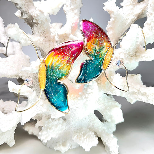 Rainbow Butterfly Wire Frame "Stained Glass" Earrings with Austrian Crystals in Gold Resin Earrings