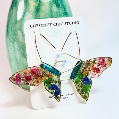 Rainbow Pressed Flower Butterfly Hoop Earrings in Gold on white card