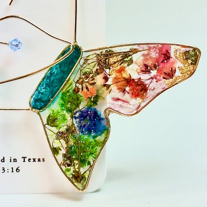 Rainbow Pressed Flower Butterfly Hoop Earrings in Gold on white card