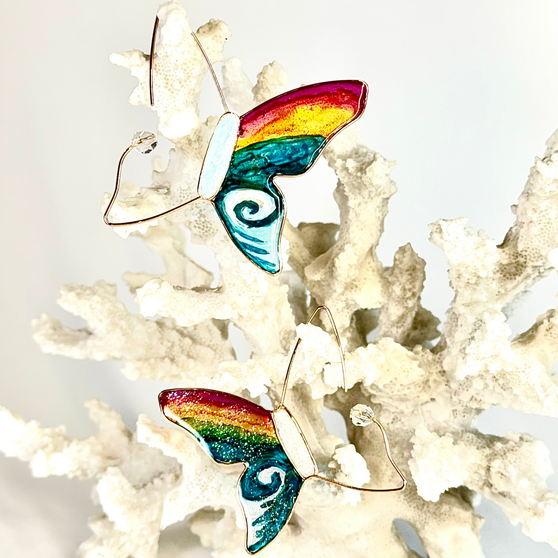 Hand Painted Hawaiian Butterfly Rainbow Earrings Chestnut Chic Studio Hand Painted 