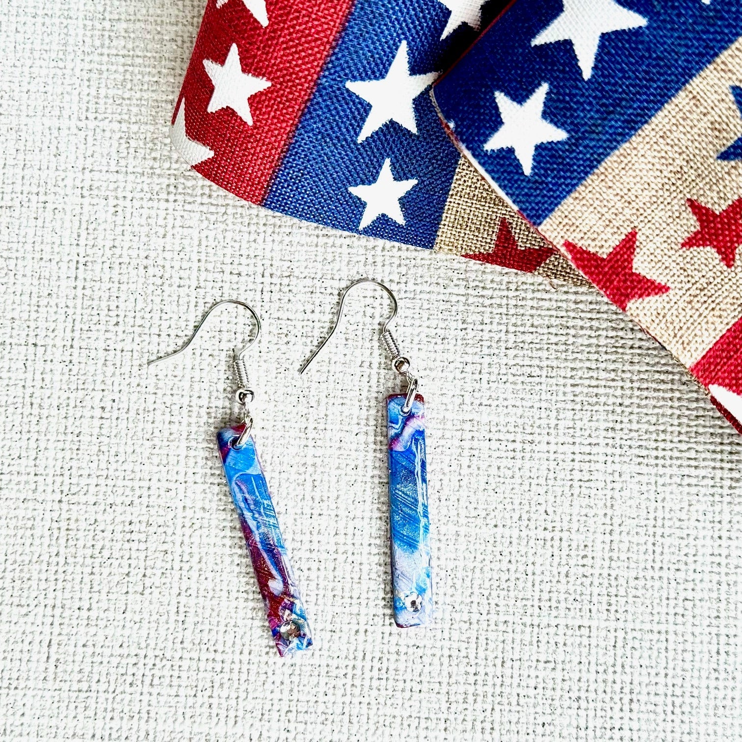 Summer Earrings, Red White and Blue Earrings, July 4th earrings, Memorial Day Earrings, USA, USA earrings, Chestnut Chic Studio, Polymer Clay Earrings, Resin Earrings, Small Business, Texas Designer Earrings, Texas Earrings, firecracker earrings