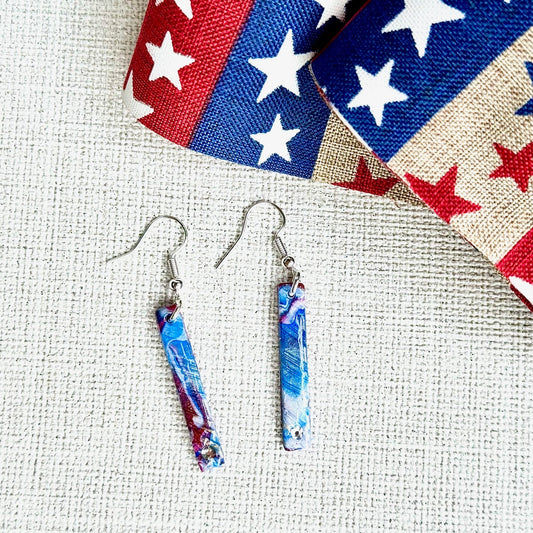 Summer Earrings, Red White and Blue Earrings, July 4th earrings, Memorial Day Earrings, USA, USA earrings, Chestnut Chic Studio, Polymer Clay Earrings, Resin Earrings, Small Business, Texas Designer Earrings, Texas Earrings, firecracker earrings