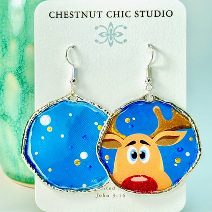 Rudolph the Red Nose Reindeer Earrings in Silver Chestnut Chic Studio