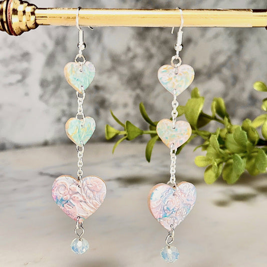 Rylee Cotton Candy Pastel Heart Drop Earrings in Silver Polymer Clay Earrings