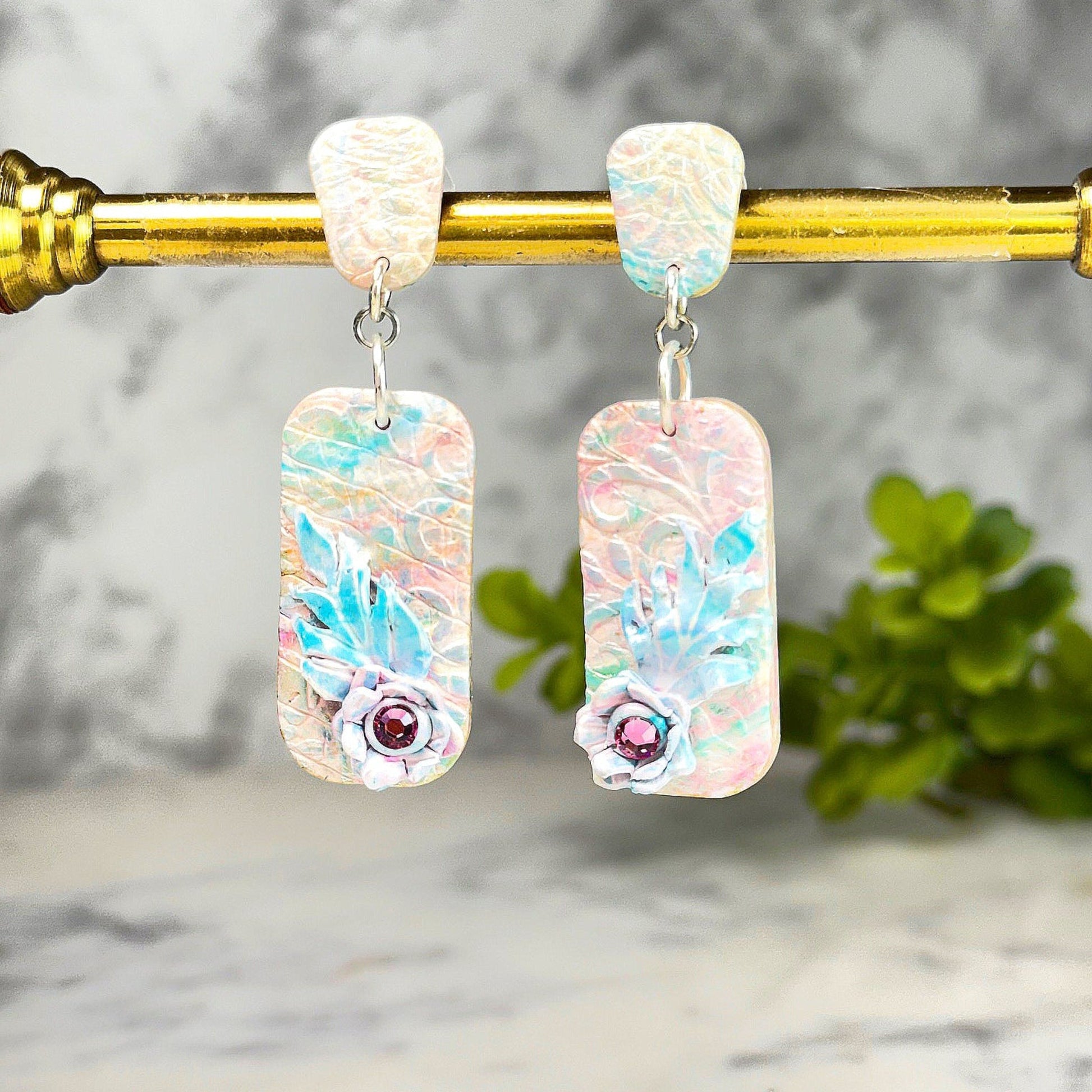 Sierra Cotton Candy Pastel Drop Earrings with Swarovski Crystals Polymer Clay Earrings