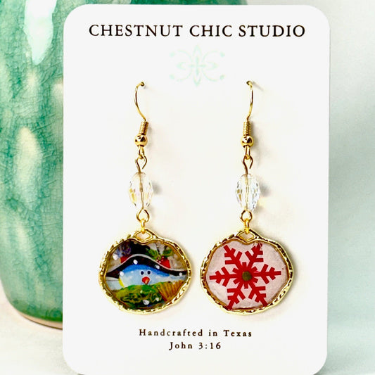 Snowman & Snowflake Crystal Earrings in Gold Chestnut Chic Studio