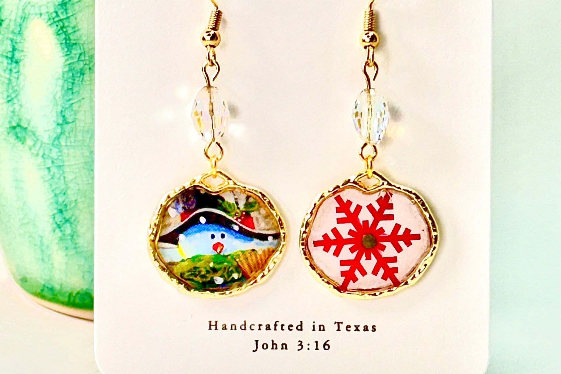 Snowman & Snowflake Crystal Earrings in Gold Chestnut Chic Studio