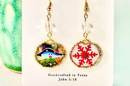 Snowman & Snowflake Crystal Earrings in Gold Chestnut Chic Studio