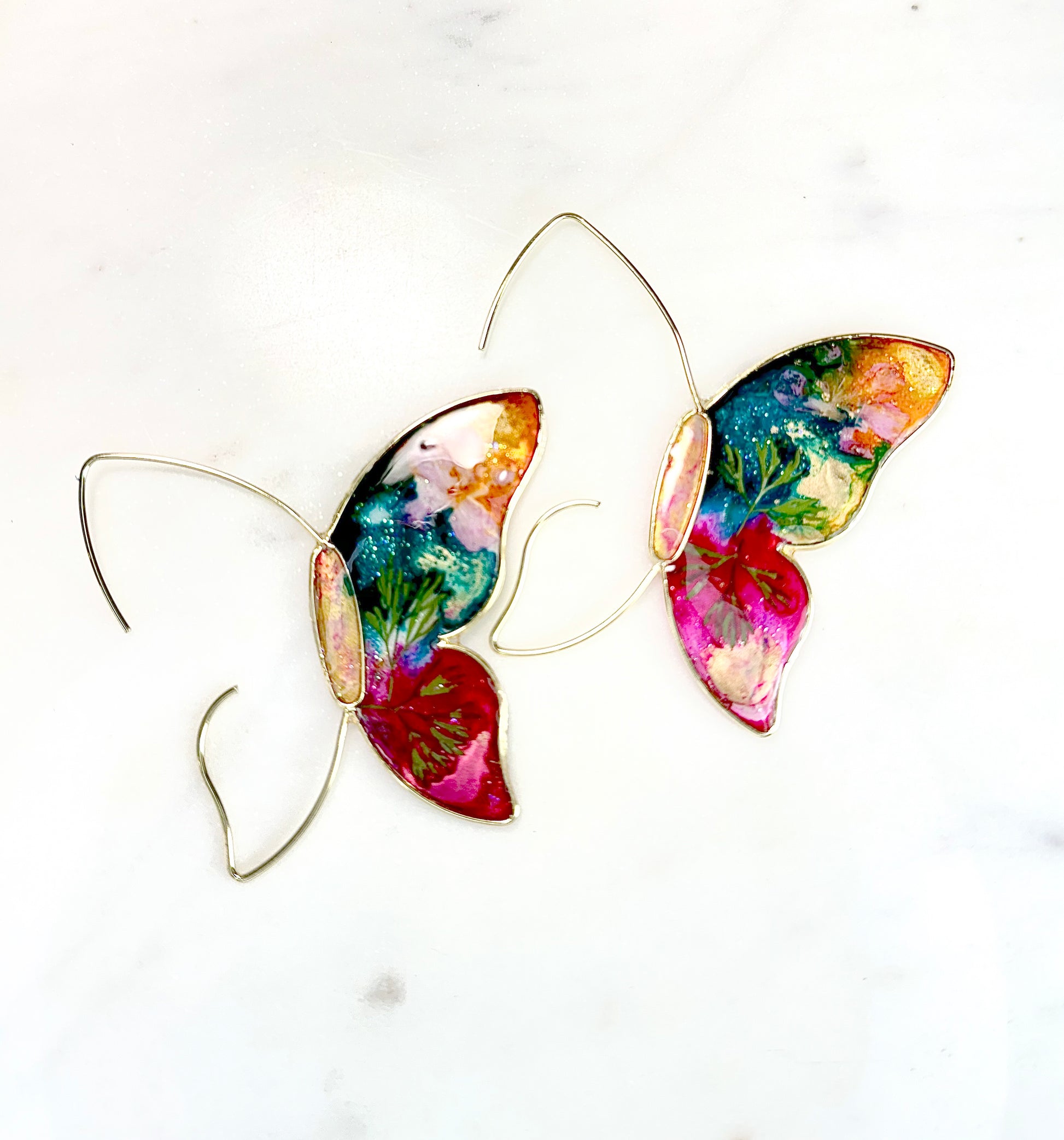 Hope Butterfly Wire Frame "Stained Glass" Earrings in Gold Butterfly Earrings Chestnut Chic Studio
Handmade Earrings Resin Earrings
3D butterfly earrings artisan 				
butterfly earrings 