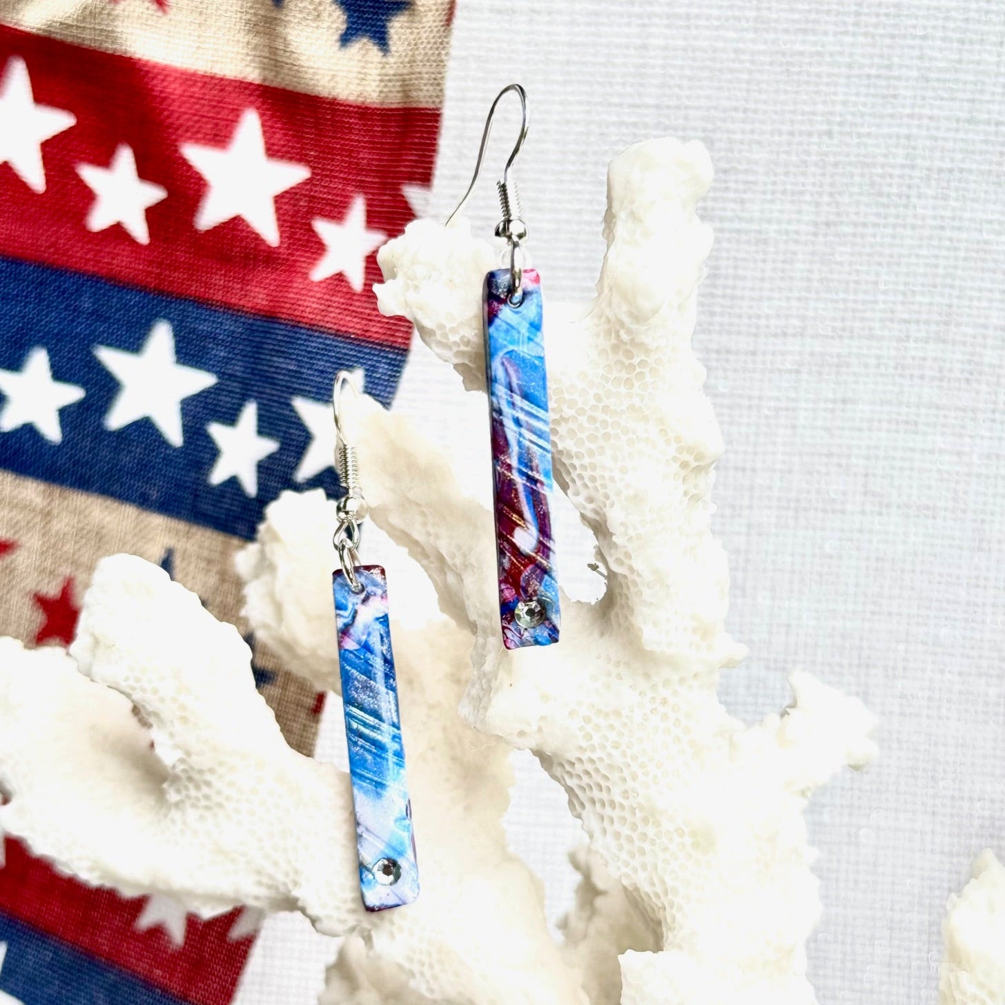 Summer Earrings, Red White and Blue Earrings, July 4th earrings, Memorial Day Earrings, USA, USA earrings, Chestnut Chic Studio, Polymer Clay Earrings, Resin Earrings, Small Business, Texas Designer Earrings, Texas Earrings