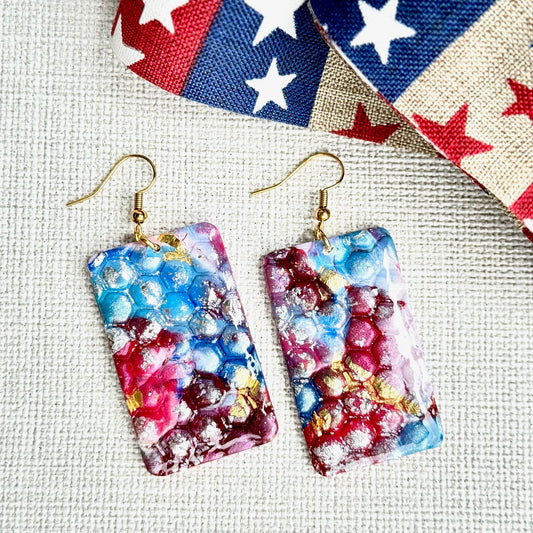 Summer Earrings, Red White and Blue Earrings, July 4th earrings, Memorial Day Earrings, USA, USA earrings, Chestnut Chic Studio, Polymer Clay Earrings, Resin Earrings, Small Business, Texas Designer Earrings, Texas Earrings