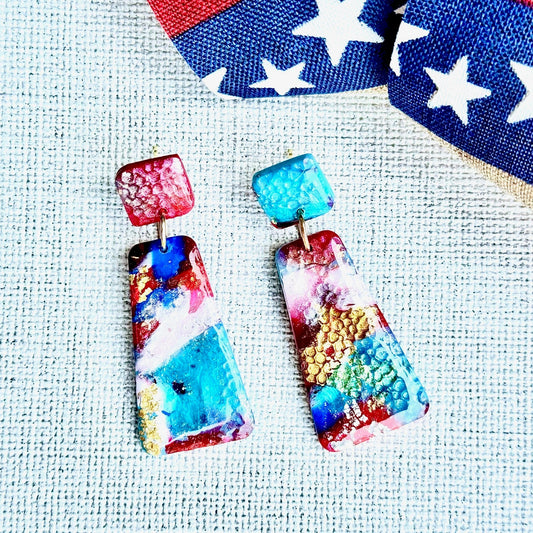 Summer Earrings, Red White and Blue Earrings, July 4th earrings, Memorial Day Earrings, USA, USA earrings, Chestnut Chic Studio, Polymer Clay Earrings, Resin Earrings, Small Business, Texas Designer Earrings, Texas Earrings