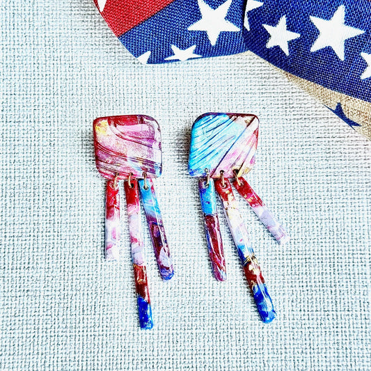 Summer Earrings, Red White and Blue Earrings, July 4th earrings, Memorial Day Earrings, USA, USA earrings, Chestnut Chic Studio, Polymer Clay Earrings, Resin Earrings, Small Business, Texas Designer Earrings, Texas Earrings