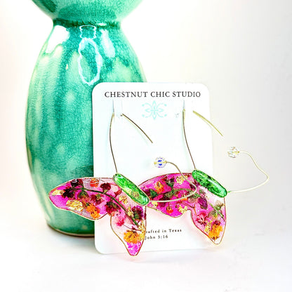Hand crafted artisan butterfly earrings with pressed botanicals. Couture design by Chestnut Chic Studio