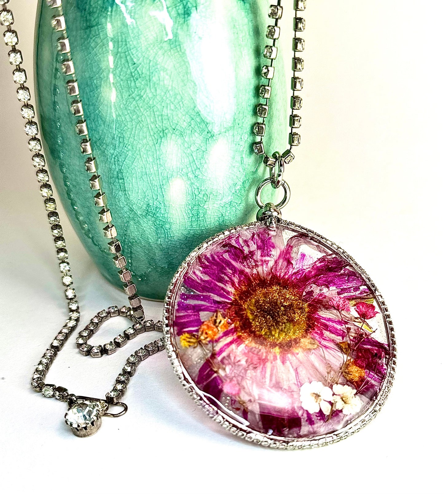 Oversized statement necklace with vintage crystals and pressed flowers. Made in Conroe Texas by Chestnut Chic Studio.