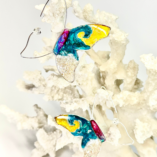 hand painted butterfly earrings with beach scene by chestnut chic studio