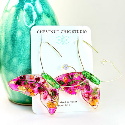 Texas Made, Hand crafted artisan butterfly earrings with pressed botanicals. Couture design by Chestnut Chic Studio