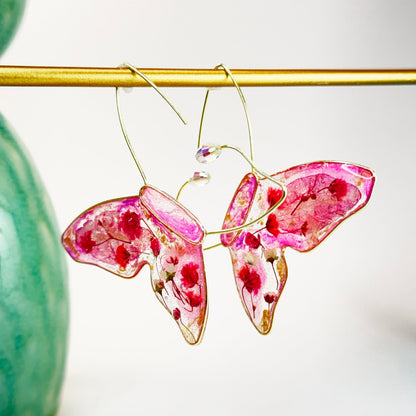 Pressed flower butterfly earrings in pink with Austrian crystal accents by Chestnut Chic Studio