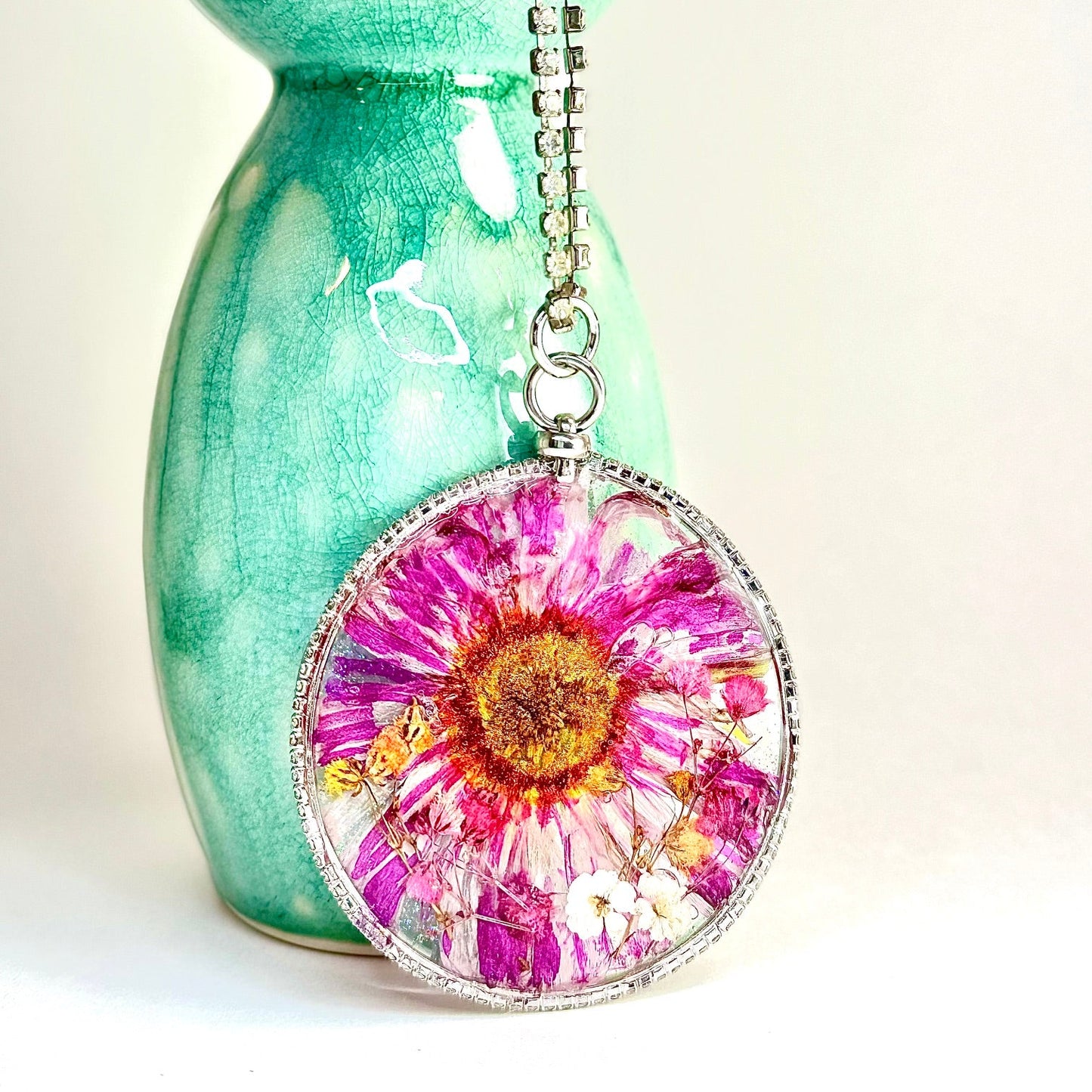 Oversized statement necklace with vintage crystals and pressed flowers. Made in Conroe Texas by Chestnut Chic Studio.