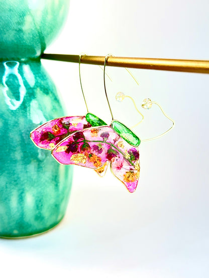 Floating Butterfly hoop earrings. Hand crafted artisan butterfly earrings with pressed botanicals. Chestnut Chic Studio